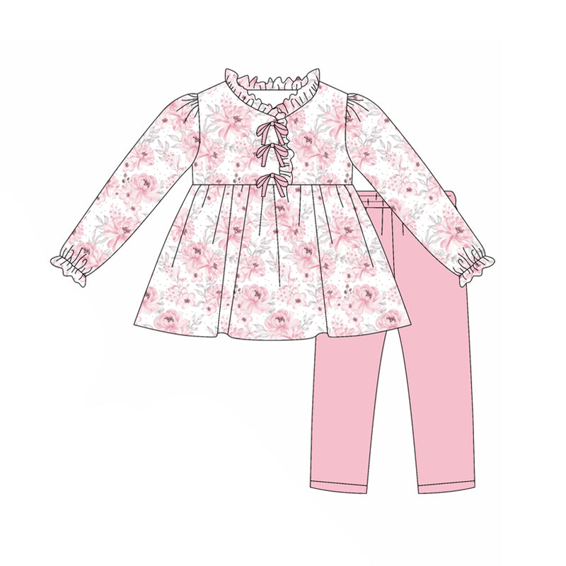Preorder(moq 5) Baby Girls Long Ruffle Sleeves Pink Flowers Tunic Legging Pants Set