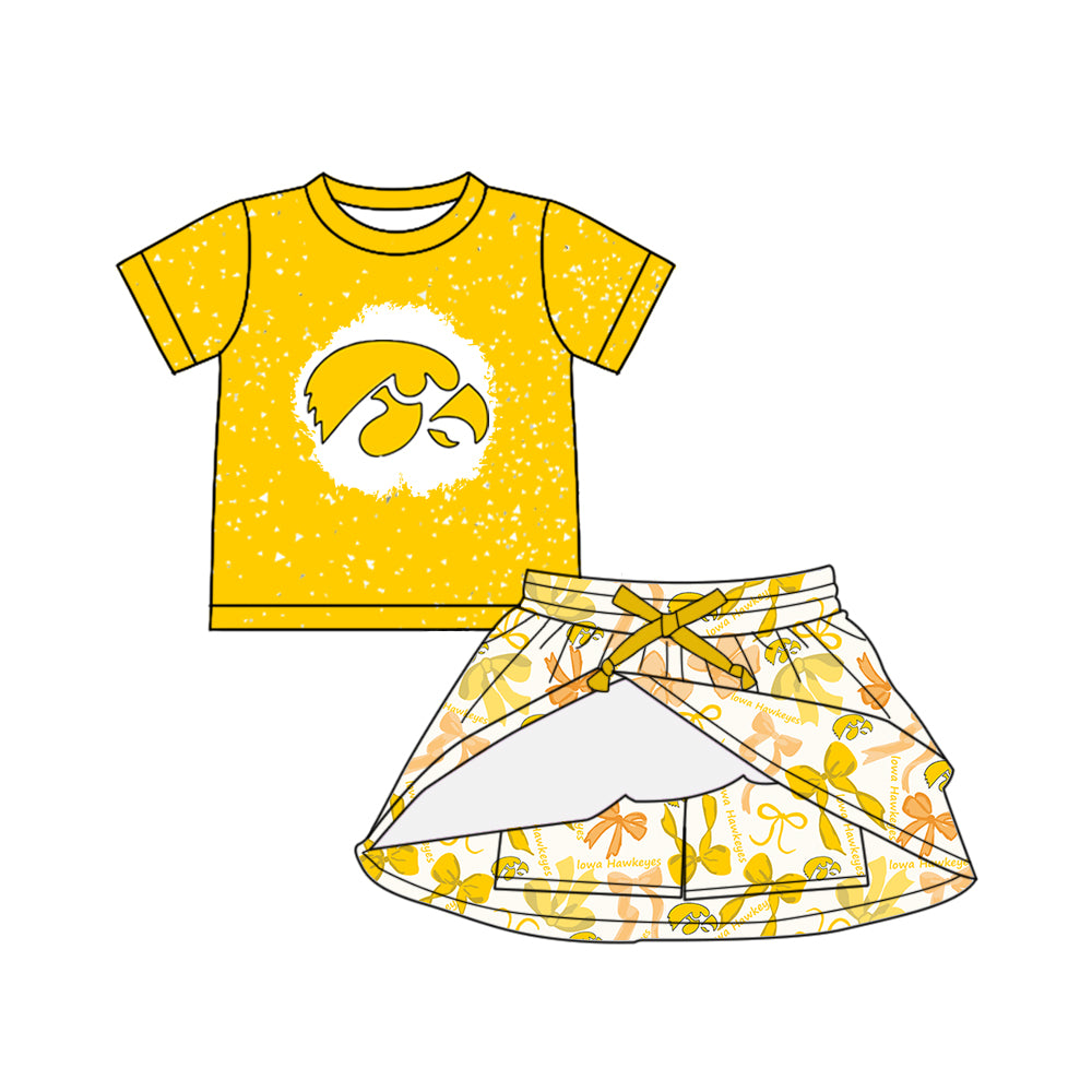 Preorder (moq 5)Baby Girls Yellow Short Sleeves Eagle Top Bows Plaid Skorts Team Set