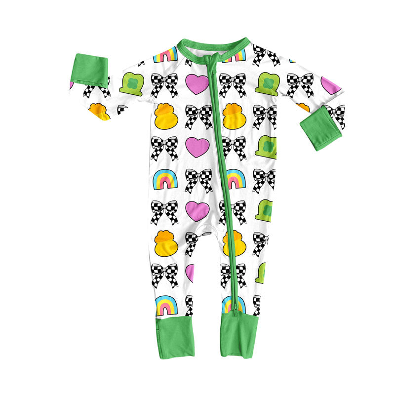 Preorder (moq 8)Baby Boys Long Sleeve Hearts Bows Hats St Patrick Zipper Footie Rompers
