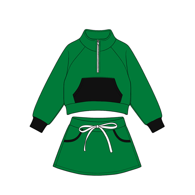 Preorder(moq5) Kids Half Zip Cropped Sweatshirt Skirt 2‑Piece Athletic Outfit