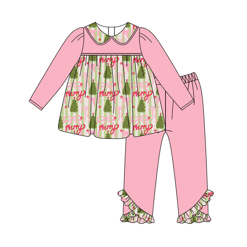 Preorder (moq 5)Baby Girls Pink Long Sleeves Trees Bows Tunic Legging Ruffle Pant Set