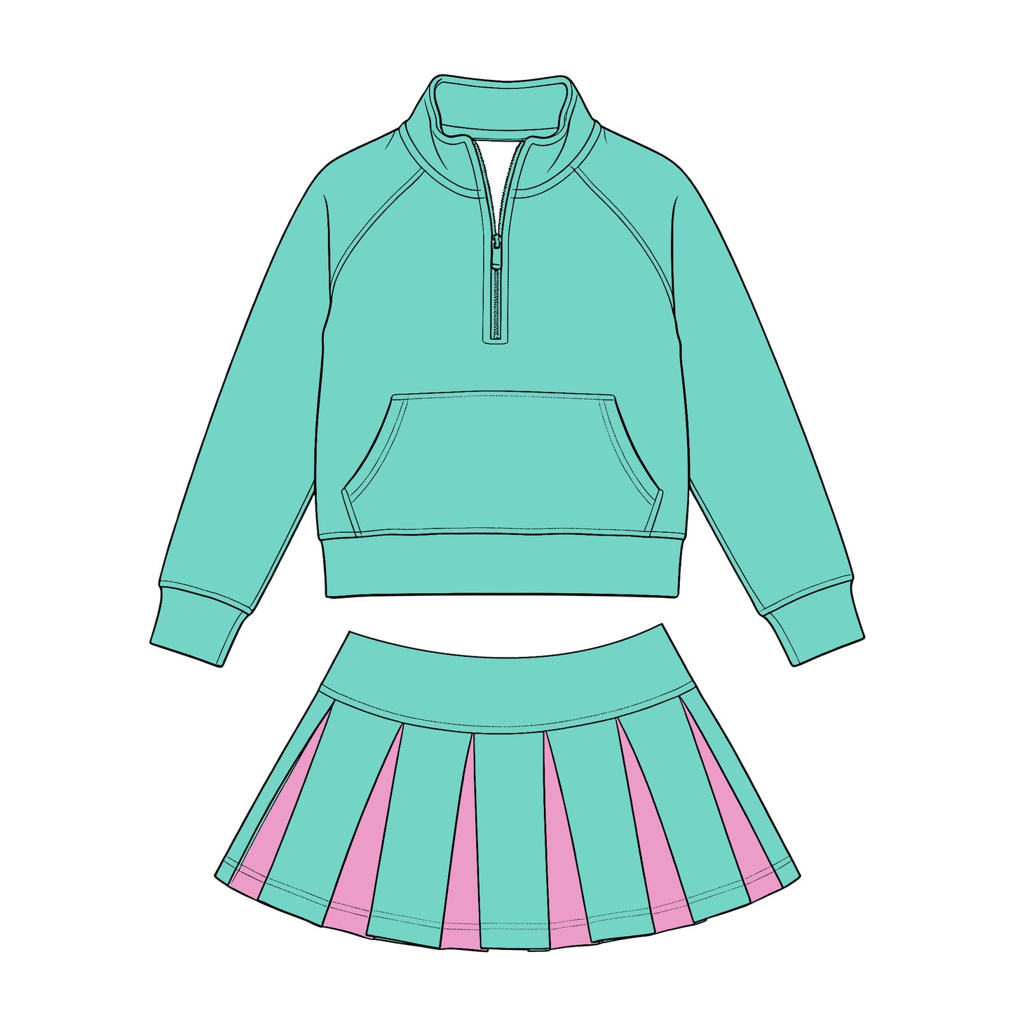 Preorder (moq 5) Baby Girls Green Zip Pockets Pullovers Pink Pleated Skirt Short Clothes Sets