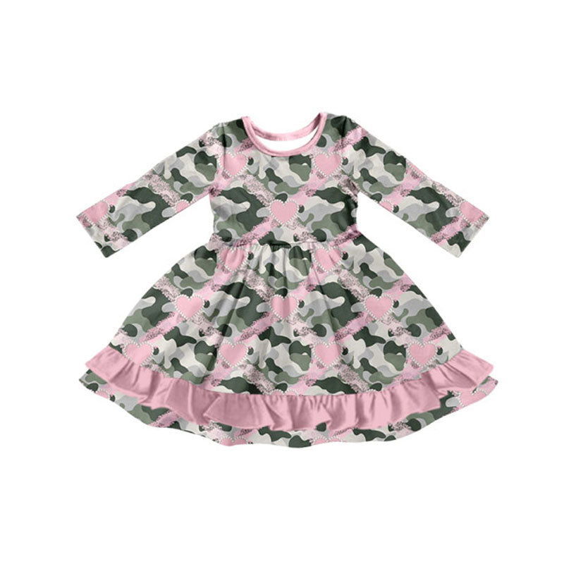 Preorder(moq 8)Baby Girls Olive Camo Hearts Checked Ruffle Knee Length Dresses