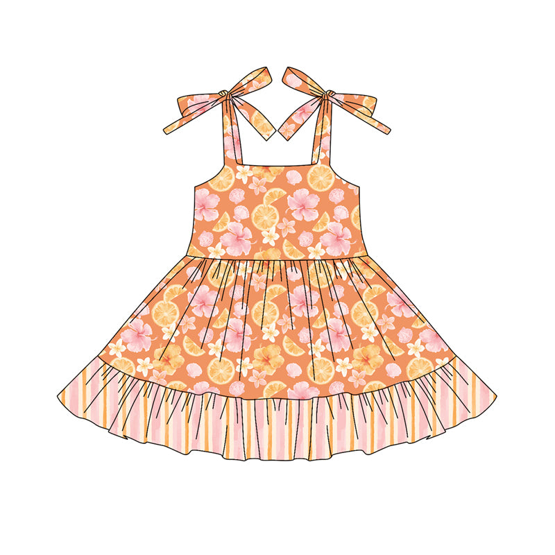 Preorder (moq 5)Baby Girls Orange Bows Strap Lemons Flowers Ruffle Knee Length Dresses