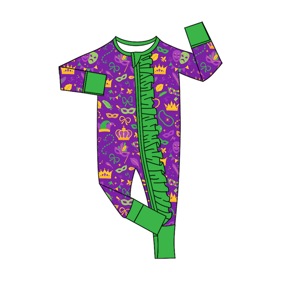 Preorder (moq 5) Baby Girls Mardigras Masks Two Way Ruffle Zip Convertible Rompers