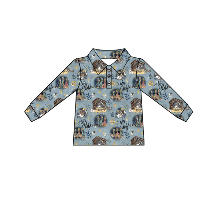 Preorder (moq 5)Baby Boys Long Sleeves Blue Christmas Nativity Button Pullovers Top