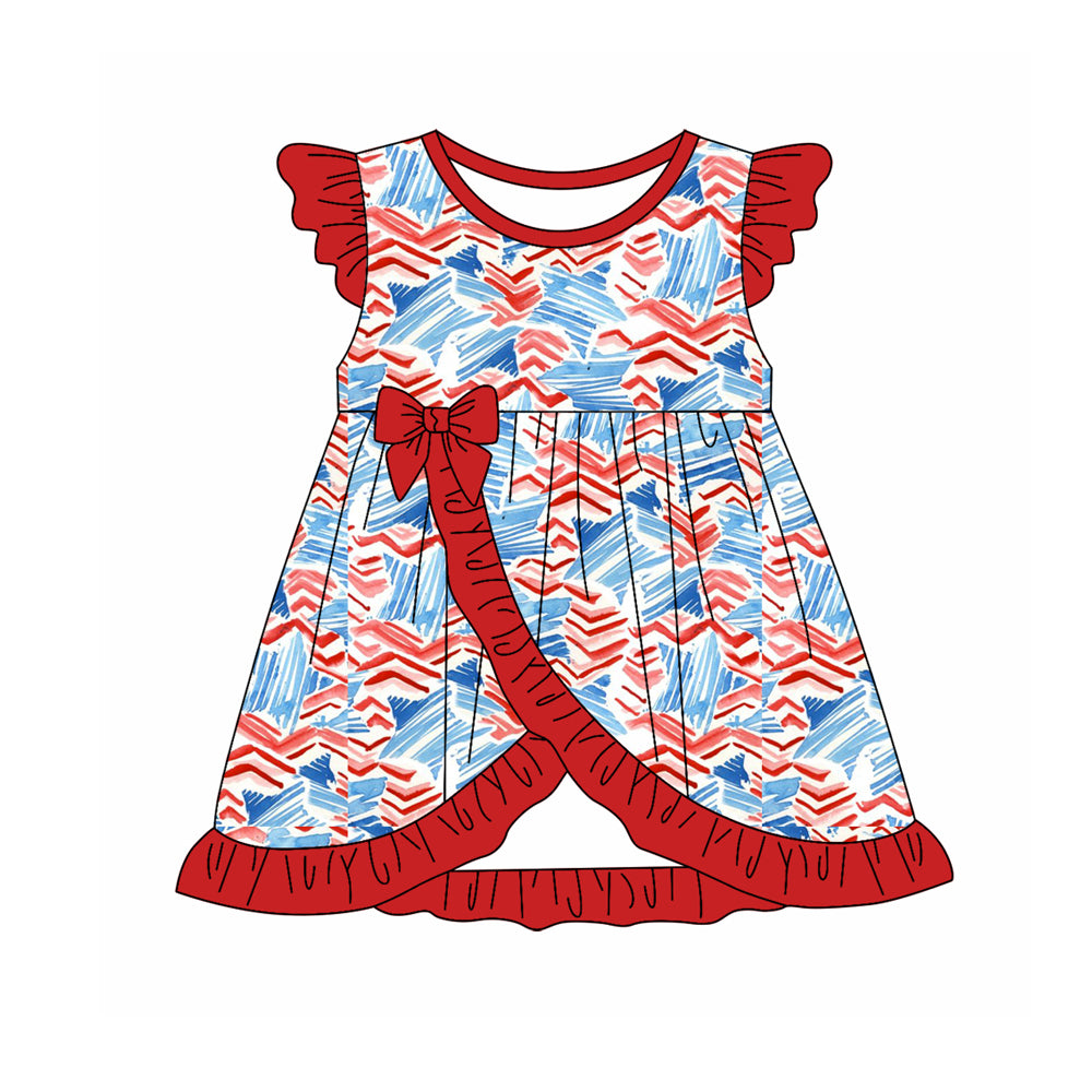 Preorder (moq 5)Baby Girls 4th Of July Stars Ruffles Knee Length Dresses