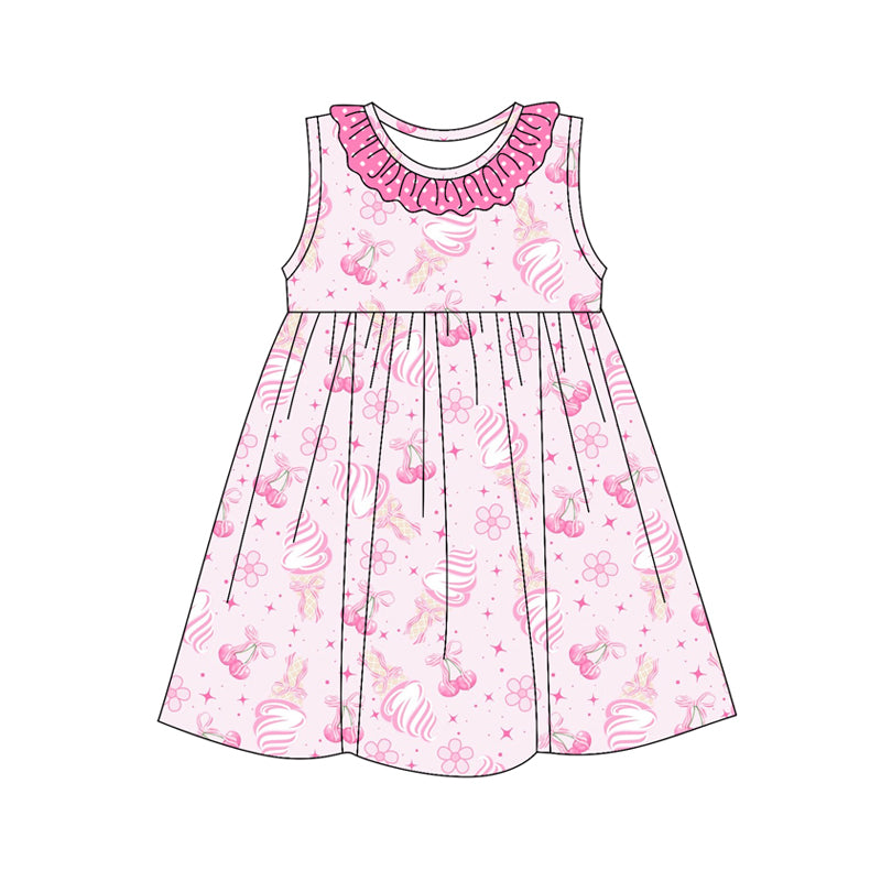 Preorder (moq 5)Baby Girls Pink Sleeveless Bows Floral Knee Length Dresses