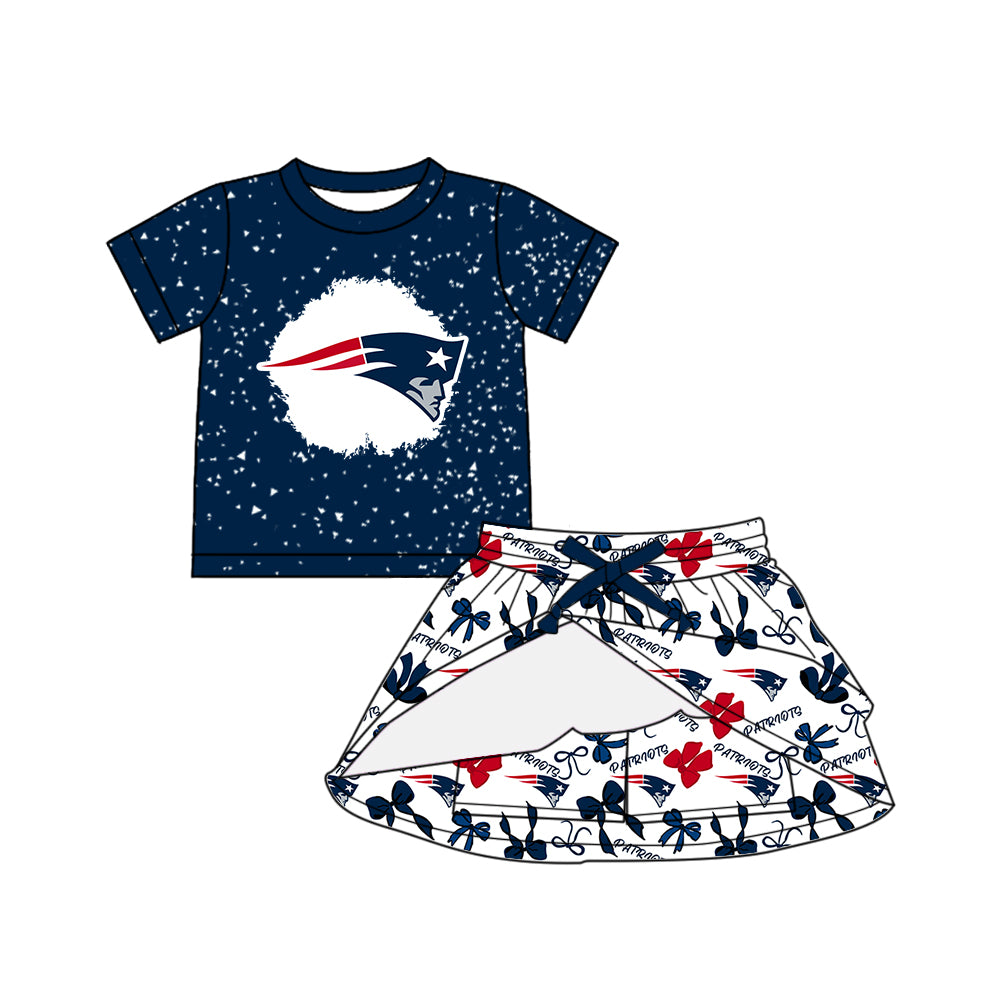 Preorder (moq 5)Baby Girls Navy Short Sleeves Patriots Top Bows Plaid Skorts Team Set