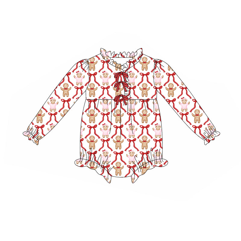 Preorder(moq 5)Baby Infant Christmas Gingerbread Bows Long Sleeve Rompers