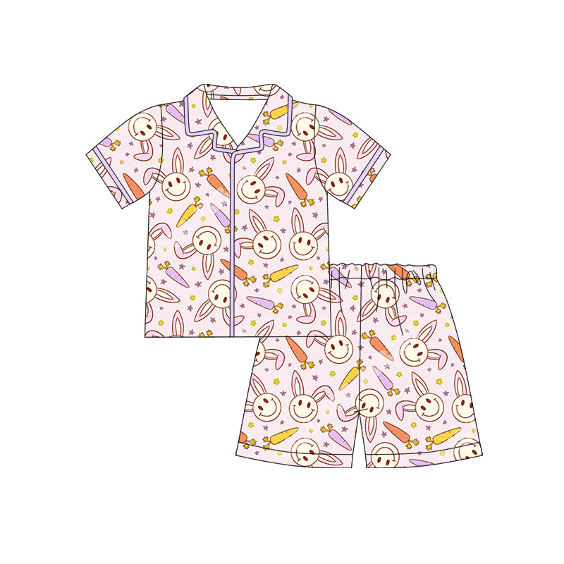 Preorder (moq 5)Baby Girls Rabbits Carrots Stars Button Top Shorts Easter Pajamas Sets