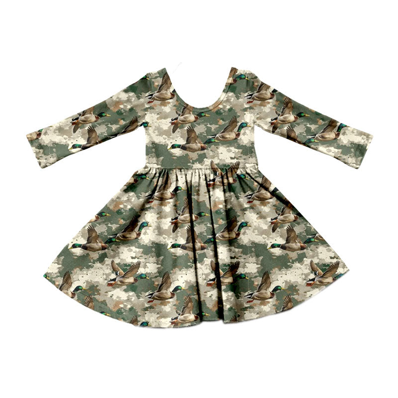 Preorder (moq 5) Baby Girl Clothes Mallard Duck Camo Print Long Sleeve Twirl Dress