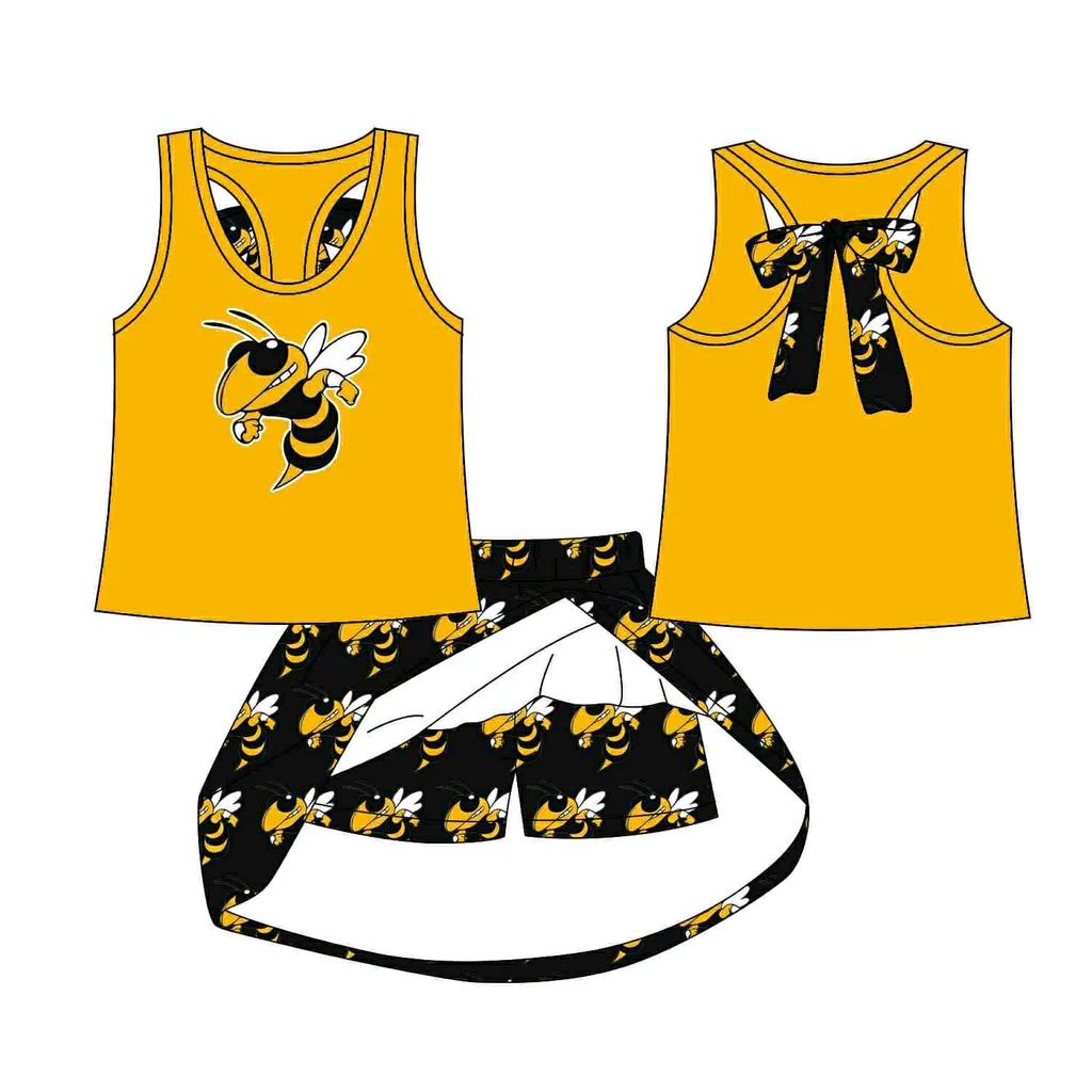 Preorder (moq 5)Baby Girls Mustard Honey Bee vest team Top Skirt Skort Sets