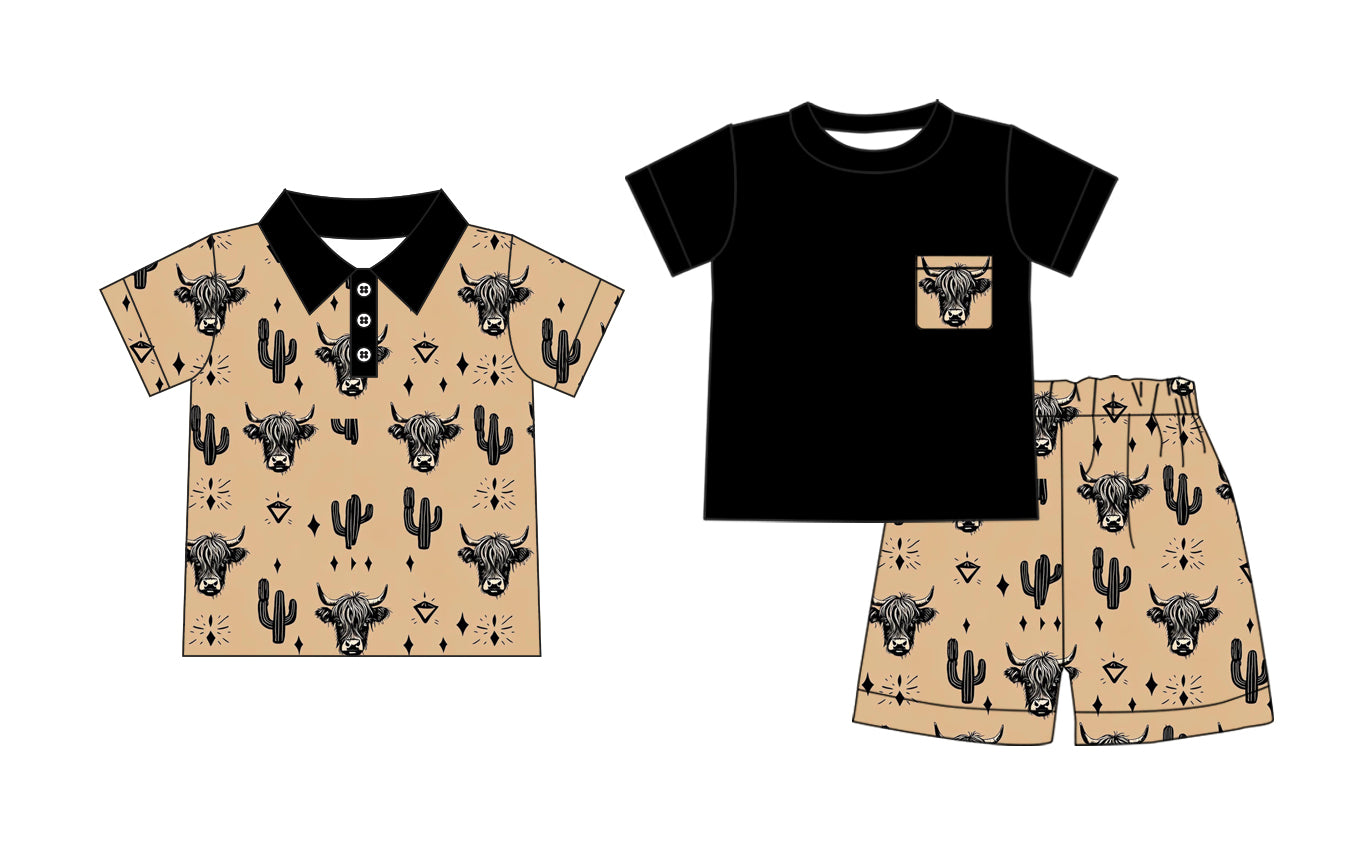 Preorder moq 5 Custom Baby Boys Black Short Sleeves Cactus Highland Cows Top Short Set Polo Shirts Top