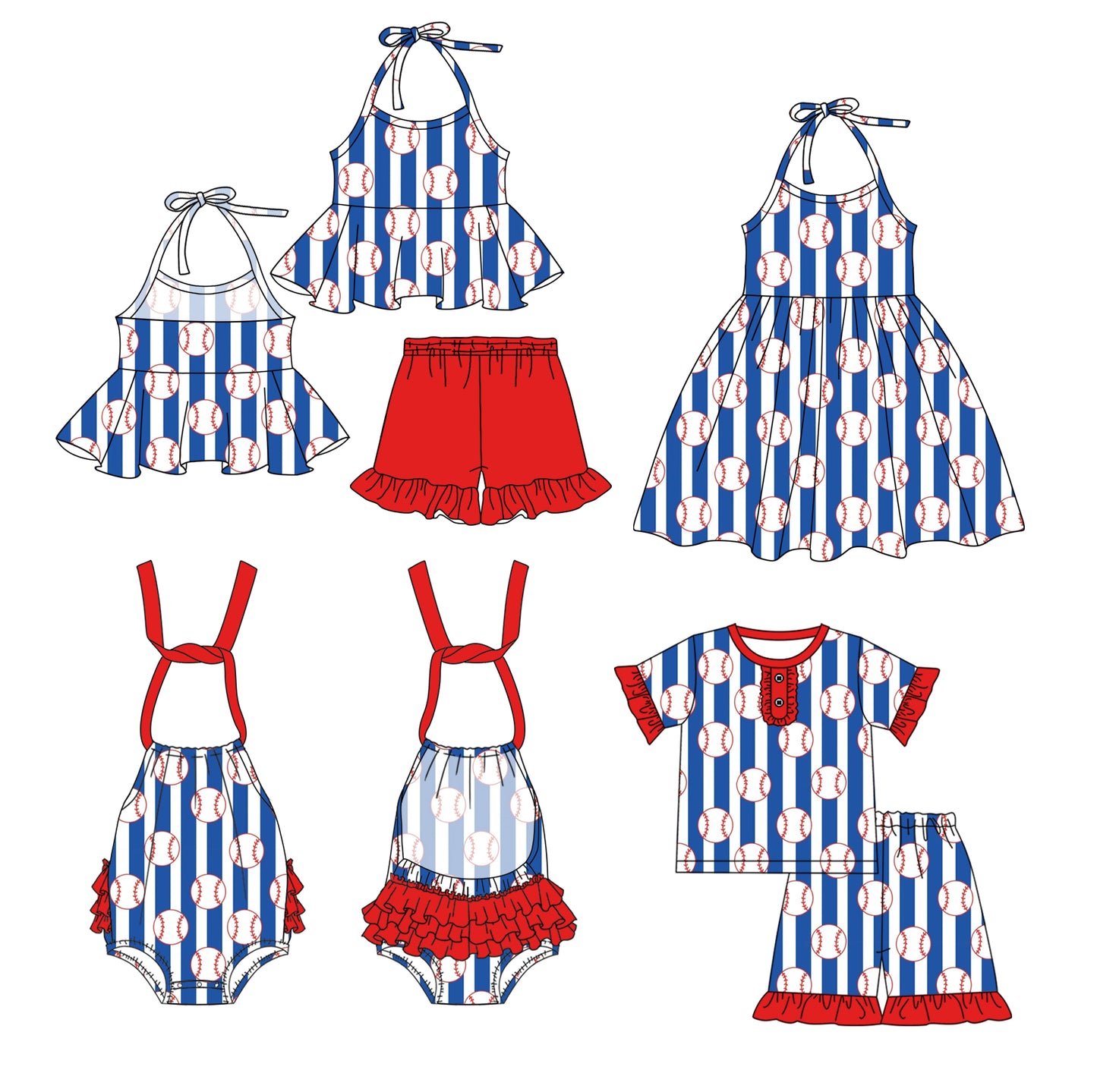 Preorder moq 5 Custom Baby Girls Strap Blue Stripe Baseballs Tunic Ruffle Short Set Knee Length Dress And Rompers