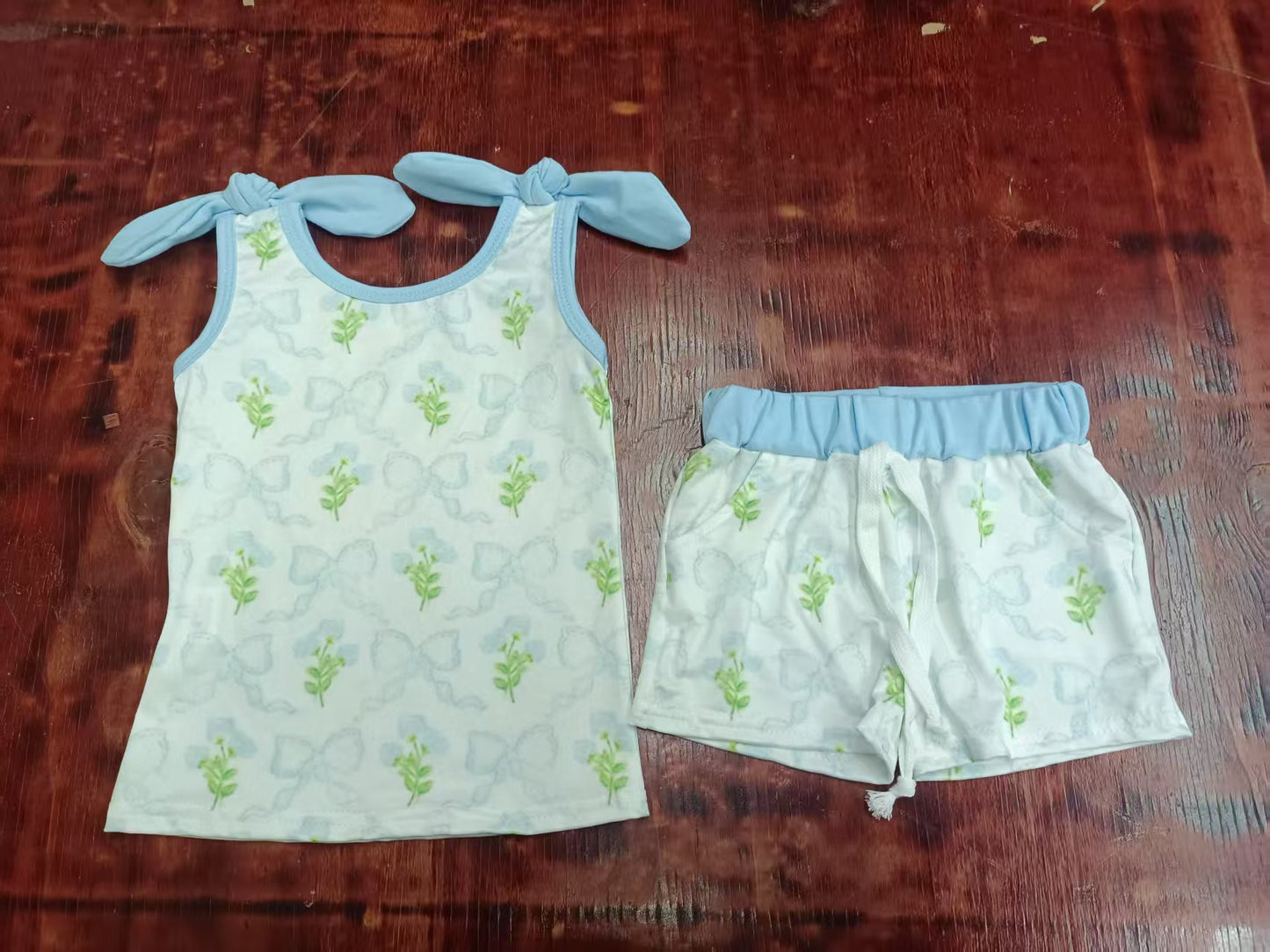 Preorder moq 5 Baby Girls Blue Strap Bows Floral Top Pockets Short Set