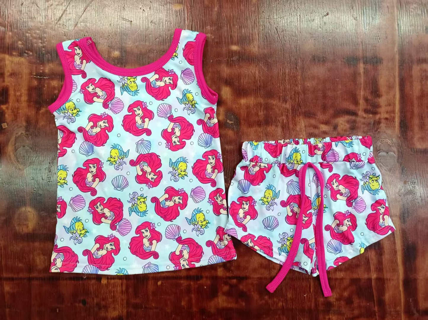 Preorder moq 5 Baby Girls Sleeveless Cartoon Fishes Mermaid Top Short Sets