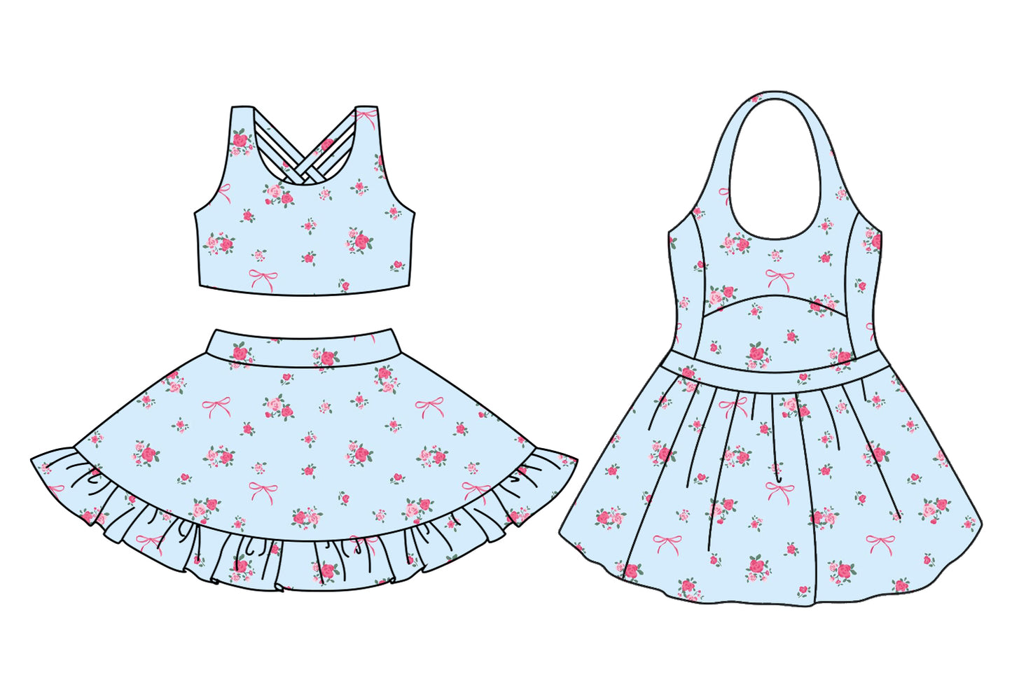 Preorder moq 5 Custom Baby Girls Pink Bows Flowers Top Ruffle Skirts Set Knee Length Dresses