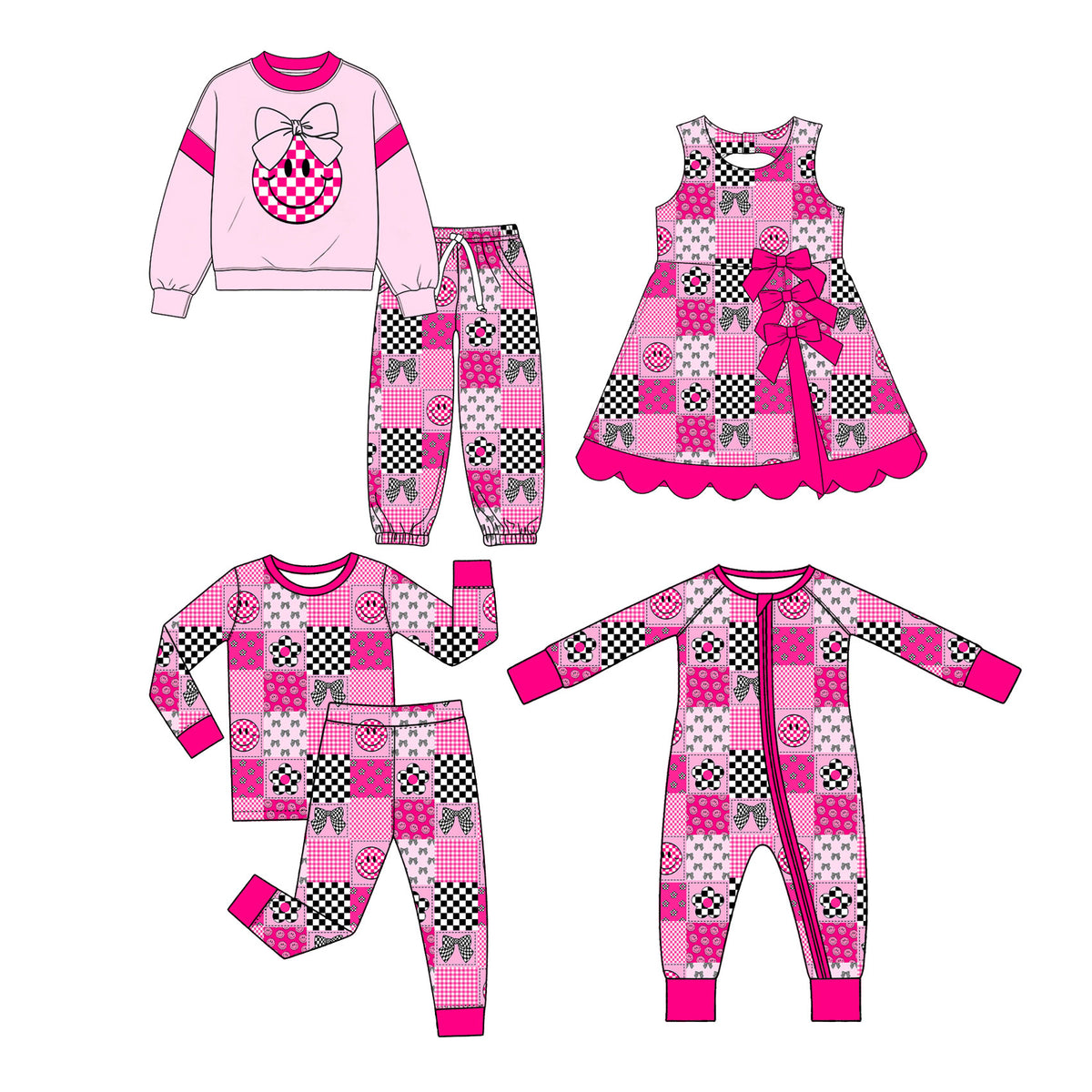 Preorder (moq 5) Baby Girl Clothes Patchwork Check Smile Bow Floral Mixed Print Long Sleeve Zipper Baby Romper