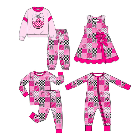 Preorder (moq 5) Baby Girl Clothes Patchwork Check Smile Bow Floral Mixed Print Long Sleeve Zipper Baby Romper