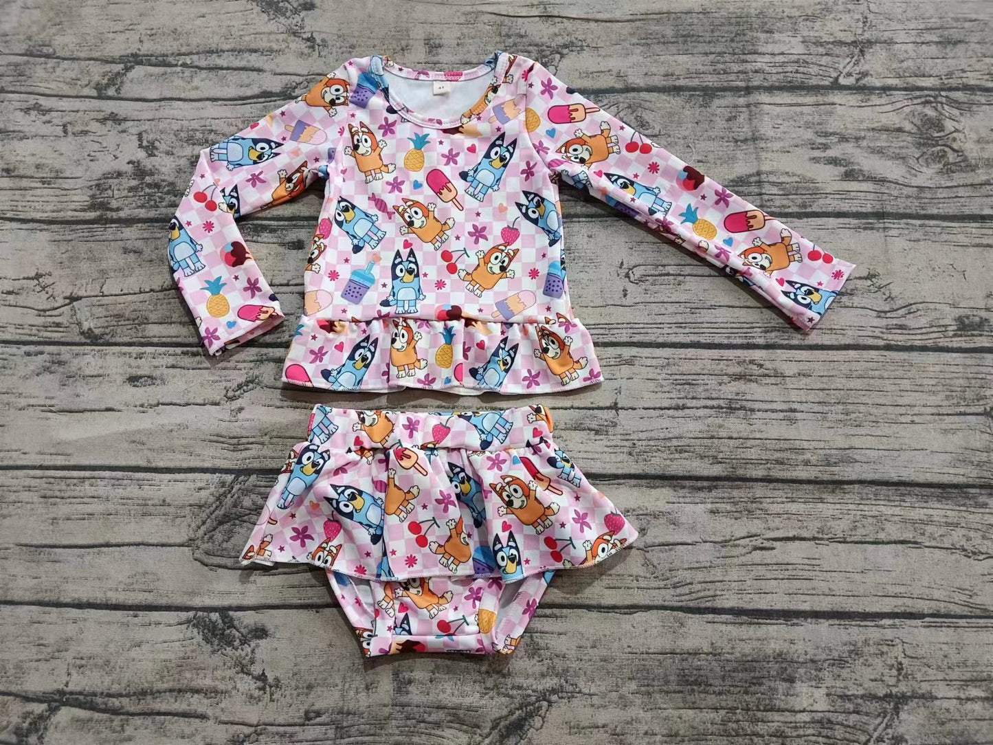 Preorder moq 5 Baby Girls Pink Plaid Long Sleeves Cartoon Dogs 2 Piece Swimsuits