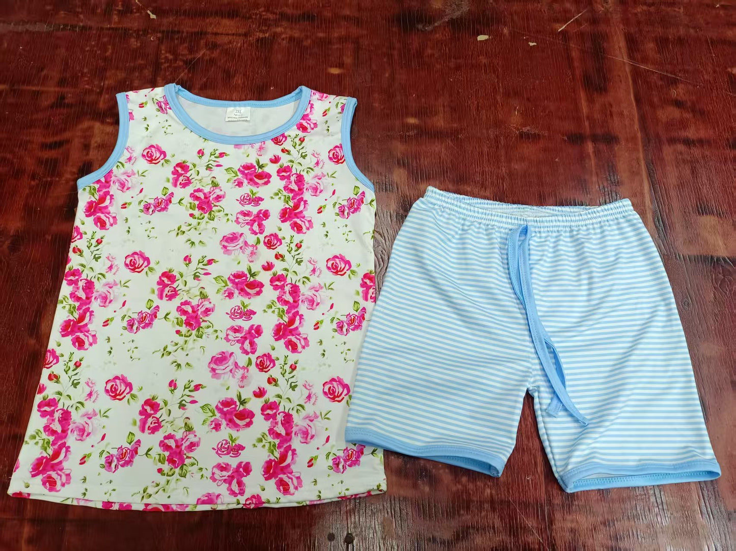Preorder moq 5 Baby Girls Sleeveless Pink Floral Top Blue Stripe Short Set