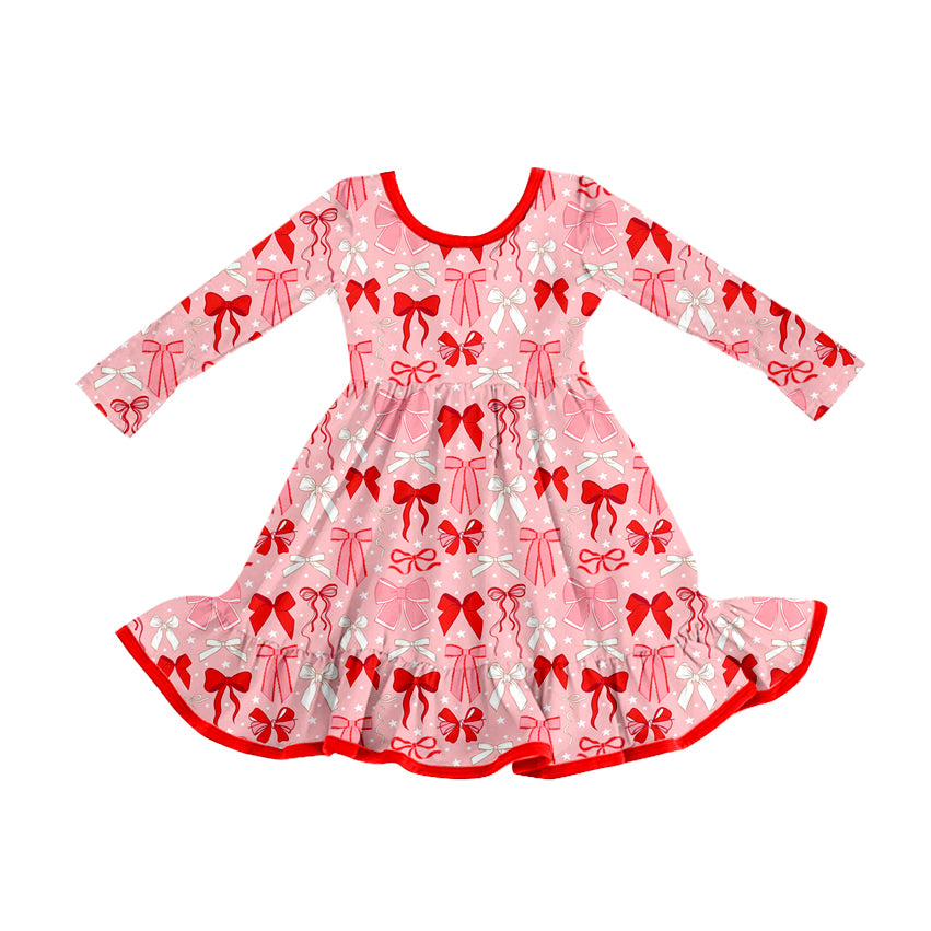 Preorder (moq 5)Baby Girls Red Bows Ruffle Long Sleeves Knee Length Dresses
