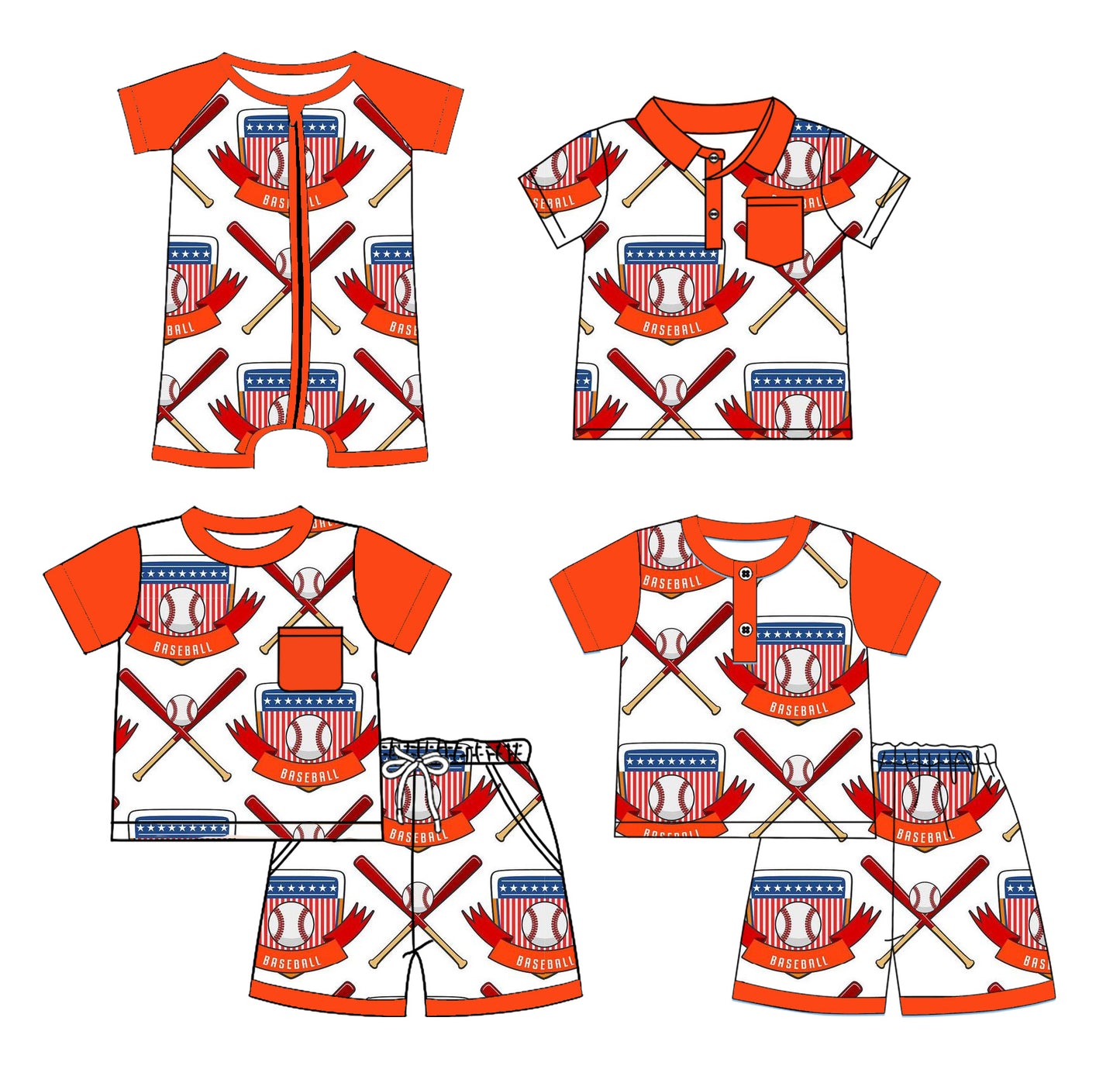 Preorder moq 5 Custom Baby Boys Orange Short Sleeves Baseballs Flags Top Short Pajamas 4th Of July Set Polo Shirts And Zipper Rompers