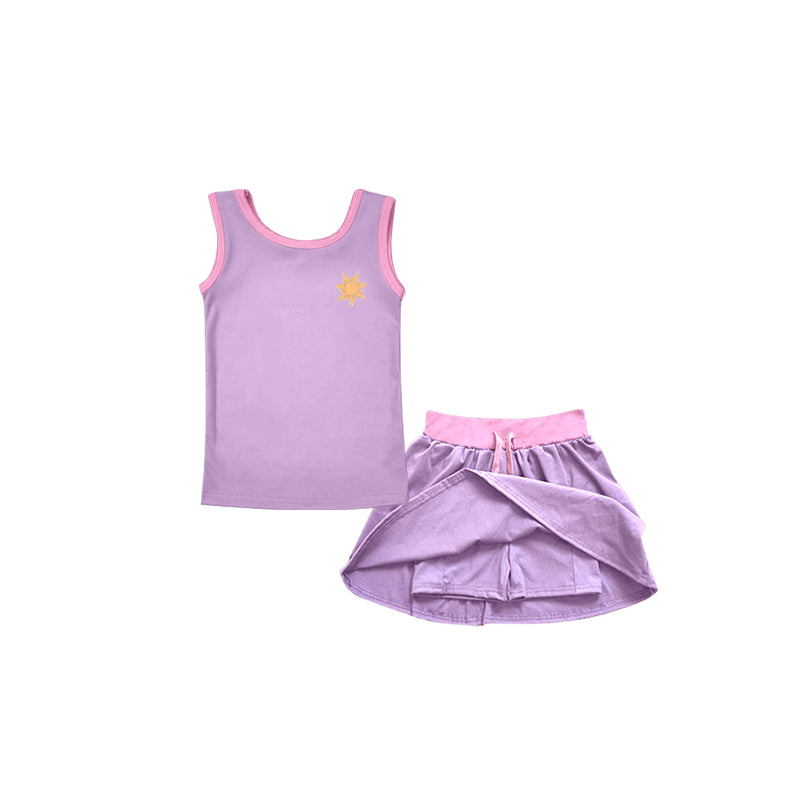 Preorder(moq 5)Baby Girls Lavender Princess Sleeveless Tee Shirt Skorts Clothes Sets