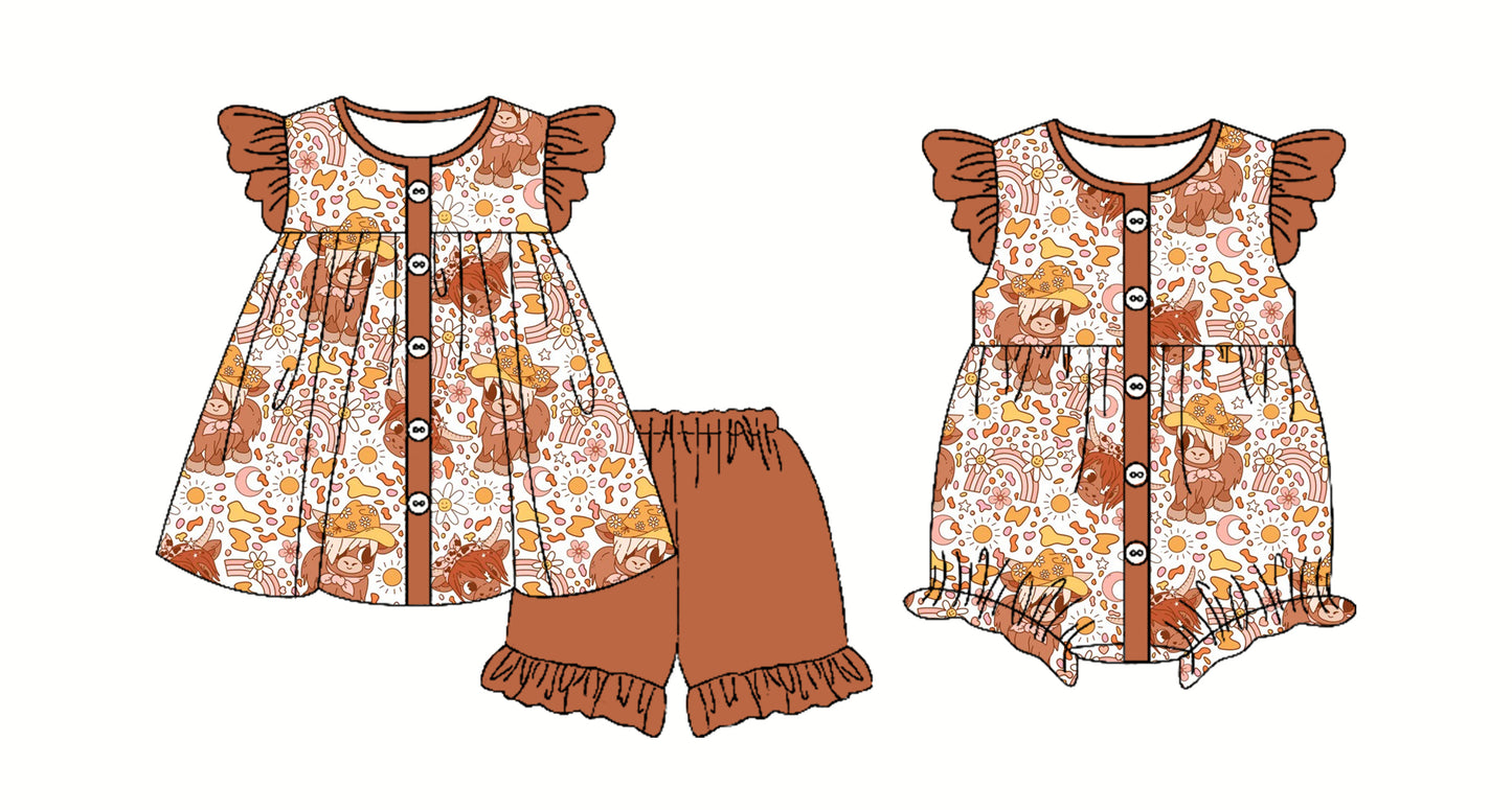 Preorder moq 5 Custom Baby Girls Brown Highland Cows Button Tunic Ruffle Short Set Rompers