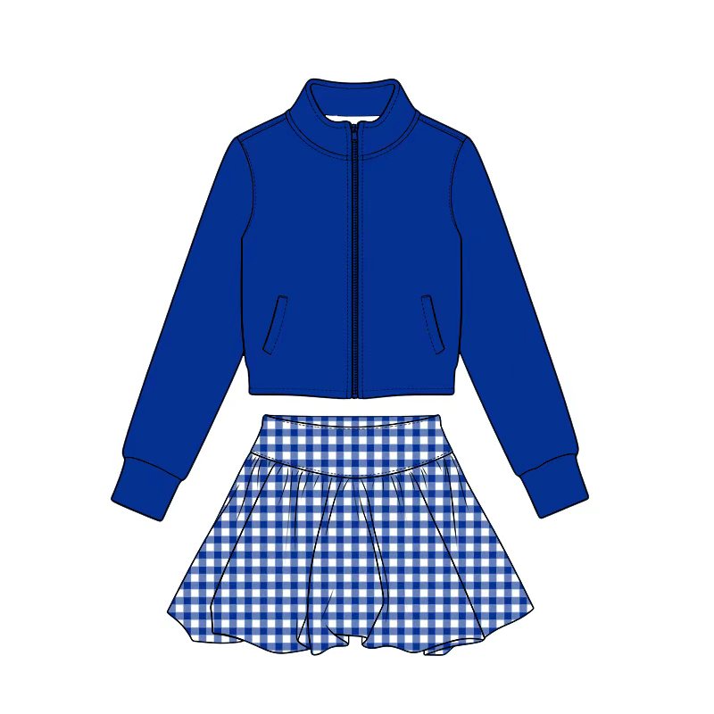 Preorder (moq 5) Baby Girl Clothes Solid Royal Blue Plain Print Long Sleeve Zip Jacket Gingham Skirt Yoga Outfit Set
