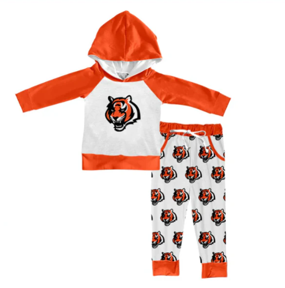 Preorder (moq 5)Baby Girls Orange Tigers Hoodies Pockets Leggings Pant Team Set