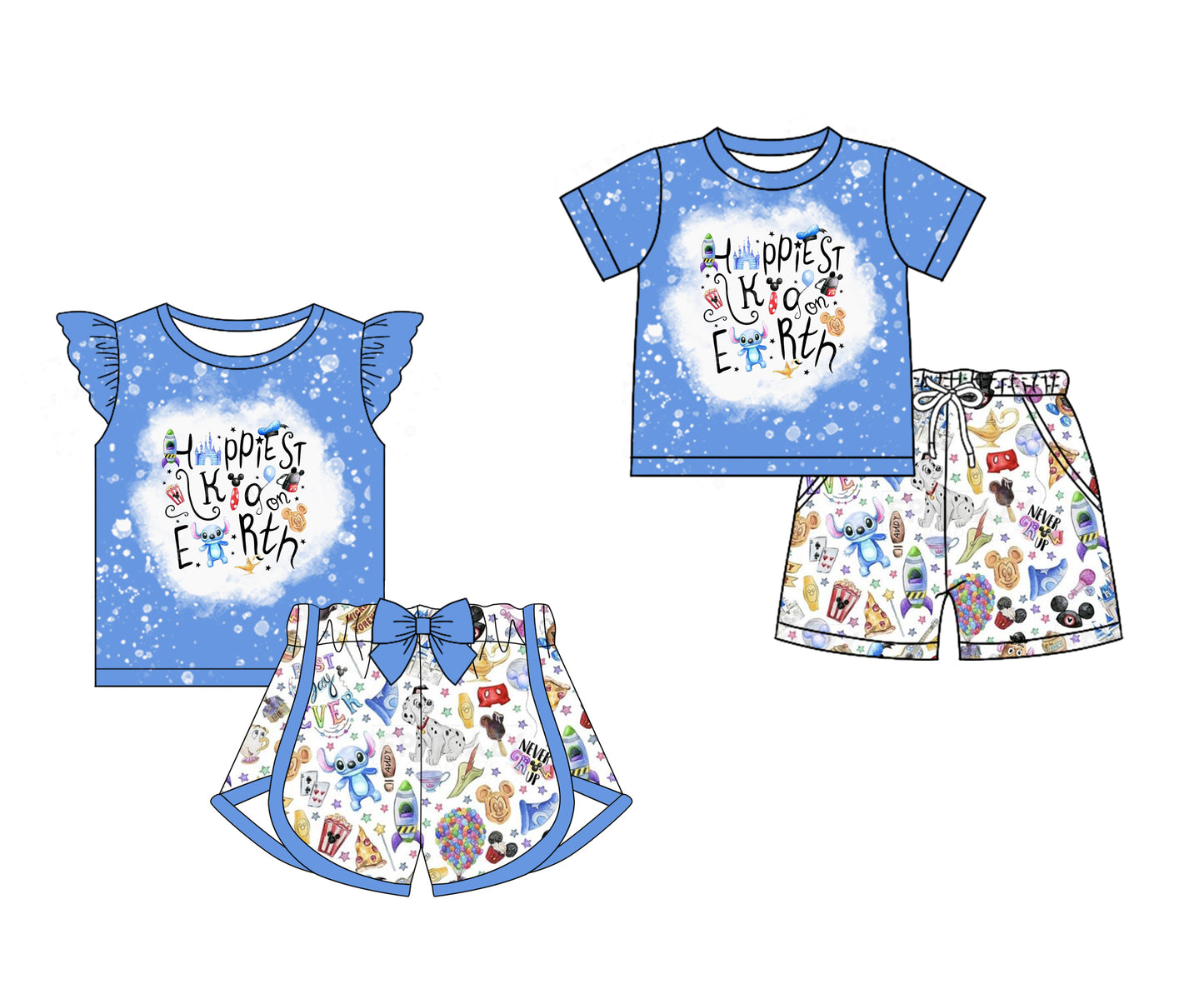 Preorder moq 5 Custom Baby Kids Blue Short Sleeves Cartoon Happiest Top Short Set