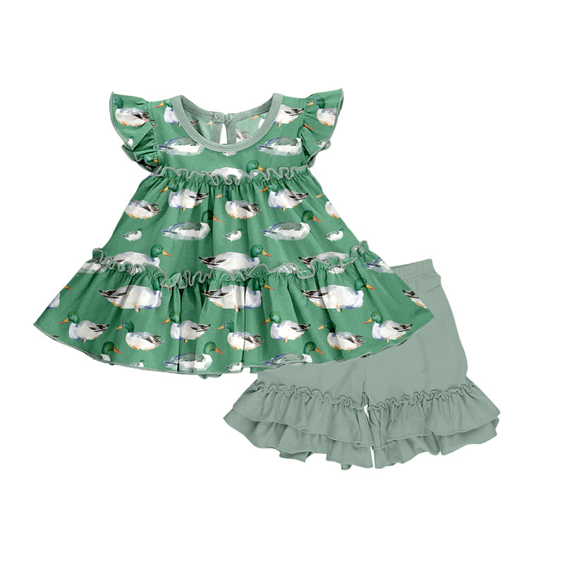 Baby Girls Toddler Duck Green Flutter Sleeve Tunic Top Ruffle Shorts Sets preorder(moq 5)