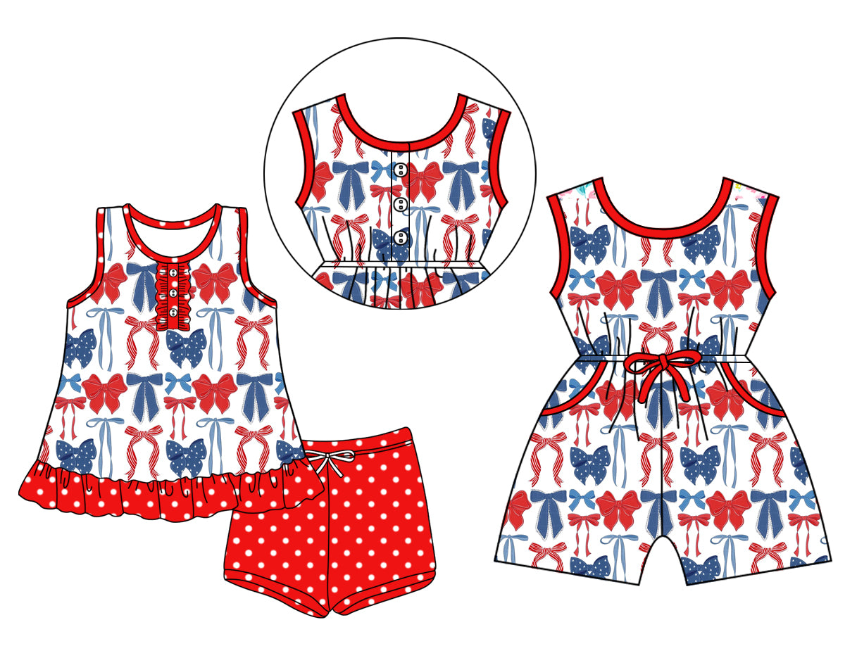 Preorder moq 5 Custom Baby Girls Sleeveless Button Blue Red Bows Tunic Polka Dots Short 4th Of July Set Pockets Jumpsuits