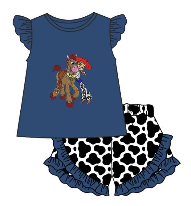 Preorder (moq 5)Baby Girls Cartoon Shirts Tunic Cow Print Ruffle Shorts Clothes Sets