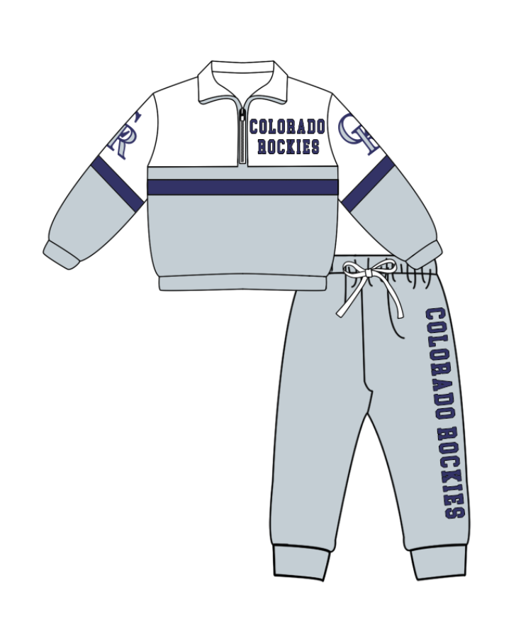 Preorder (moq 5)Baby Boys Grey Colobado Bockies Zipper Pullover Jogger Pants Team Clothes Set