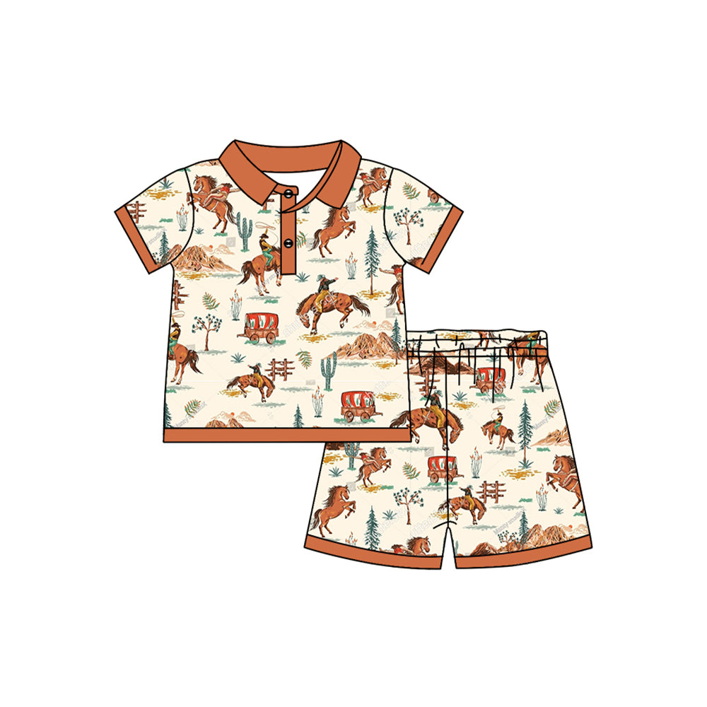 Preorder (moq 5)Baby Boys Western Rodeo Cactus Pullover Shirt Shorts Clothes Sets
