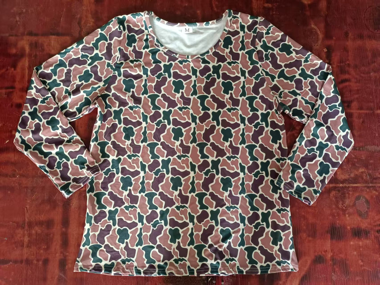 Preorder moq 5 Adult Women Long Sleeves Brown Green Camo Sleeper Tee Shirts Top