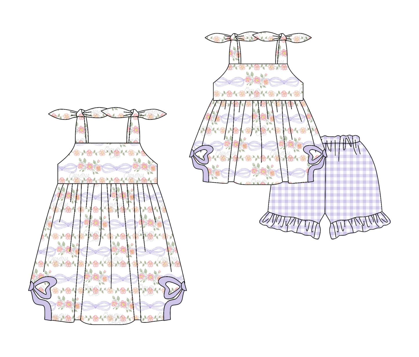 Preorder moq 5 Custom Baby Girls Strap Lavender Bows Floral Tunic Ruffle Plaid Short Set Knee Length Dress