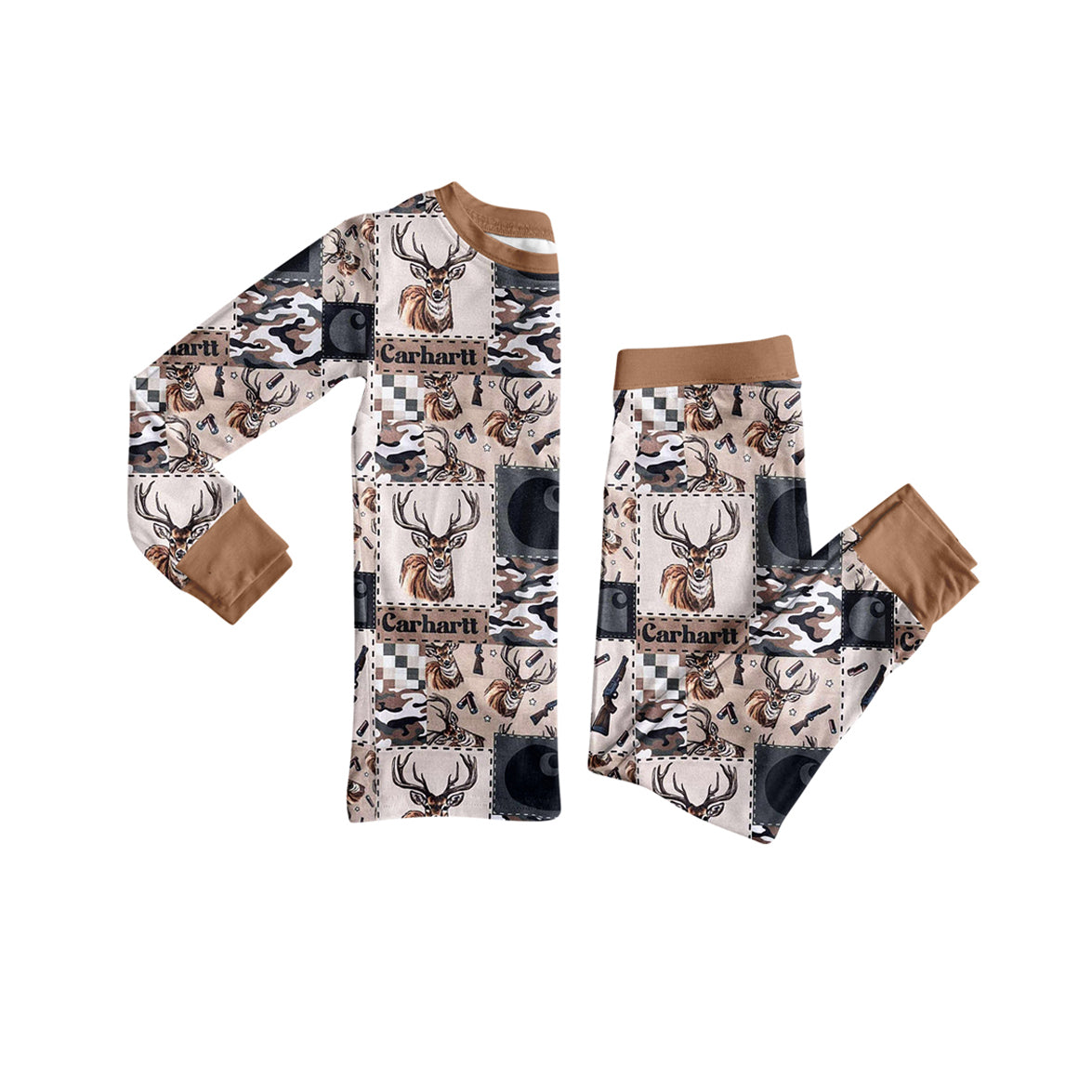 Preorder (moq 5)Baby Girls Long Sleeves Khaki Deer Camo Plaid Top Pant Western Pajamas Set