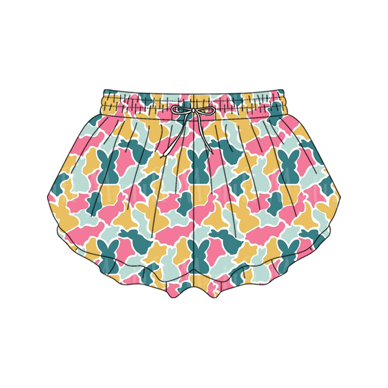 Preorder moq 5 Adult Women Colorful Rabbits Camo Easter Ruffle Shorts Bottom
