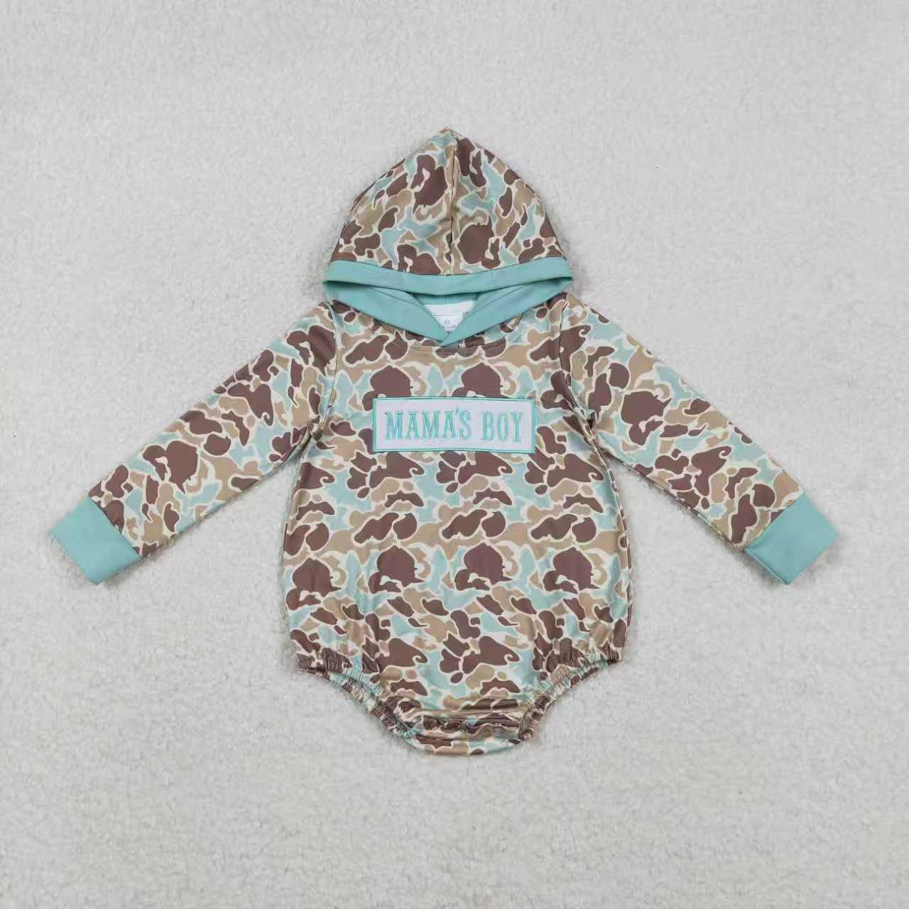 Sibling Baby Boys Embroidery Mama's Boy Green Camo Pockets Pants Clothes Sets Hoodie Romper