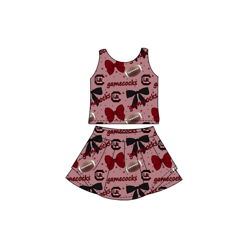 Preorder (moq 5)Baby Girls Sleeveless Team Gamecock Bows Plaid Vest Top Skorts Set