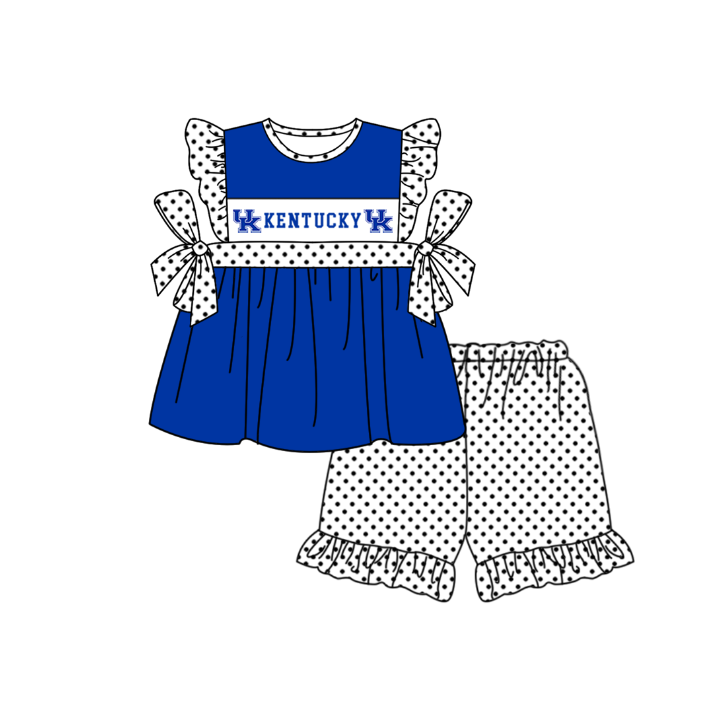 Preorder (moq 5)Baby Girls Blue Kentucky Tunic Polka Dots Ruffle Shorts Team Clothes Sets