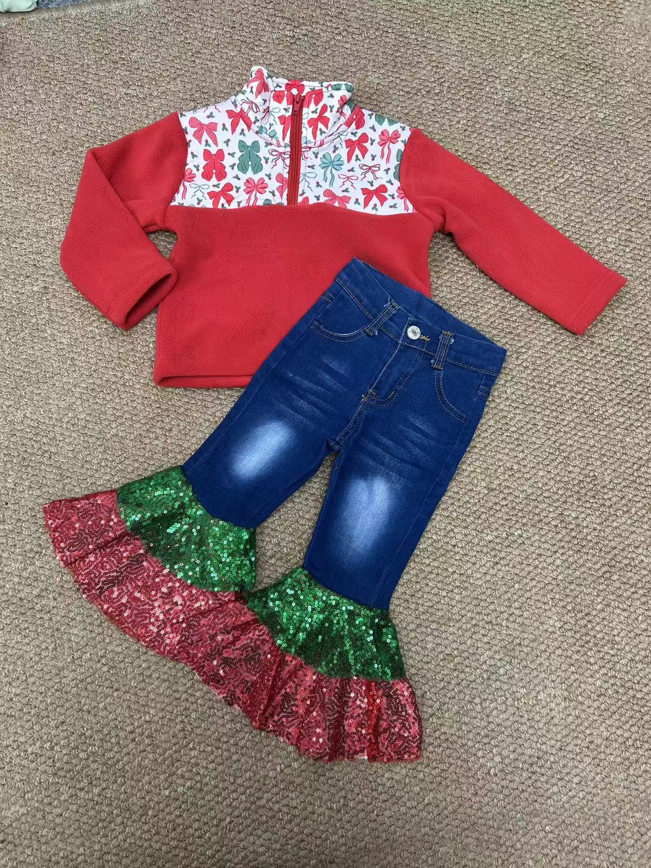 Baby Girls Green Red Bows Plaid Zip Pullovers Denim Jeans Christmas Clothes Sets