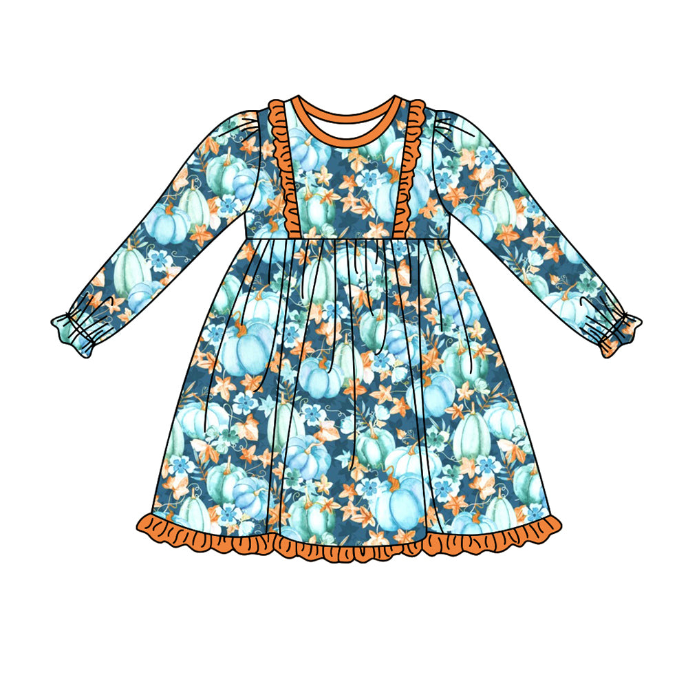 Baby Girls Fall Blue Pumpkin Ruffle Knee Length Dresses Preorder(moq 5)