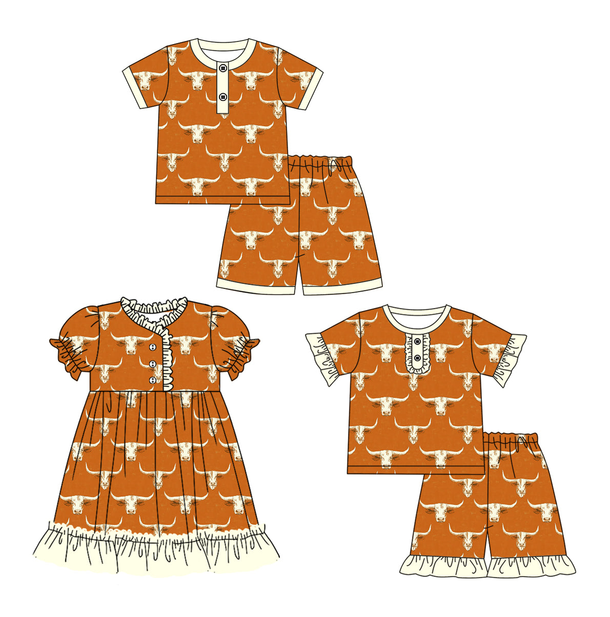 Preorder moq 5 Custom Baby Kids Orange Bull Skulls Button Top Short Pajamas Sets Knee Length Dress