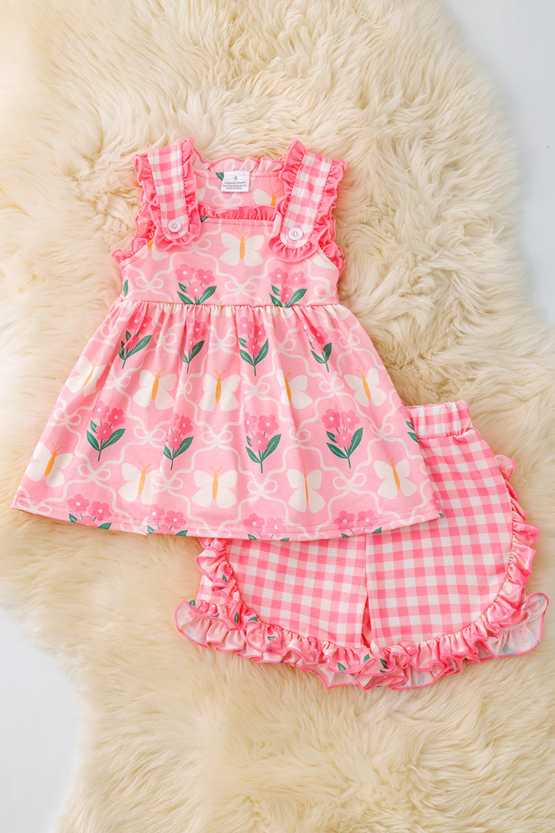 Preorder (moq 5)Baby Girls Peach Sleeveless Floral Butterfly Tunic Ruffle Plaid Short Set