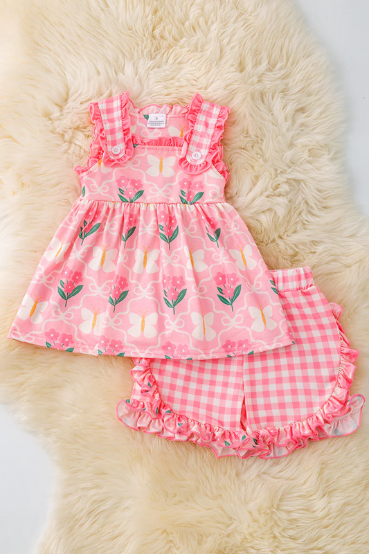 Preorder (moq 5)Baby Girls Peach Sleeveless Floral Butterfly Tunic Ruffle Plaid Short Set